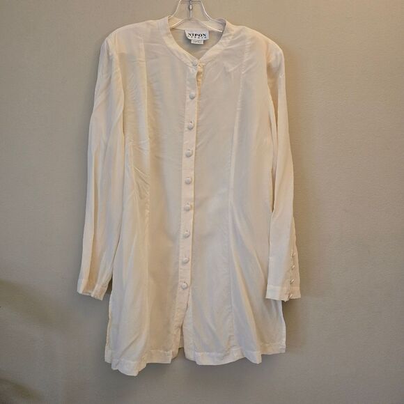 NIPON Studio Womens Blouse Button Down 100% Silk Beige Size 14 Lagenlook - Picture 7 of 9